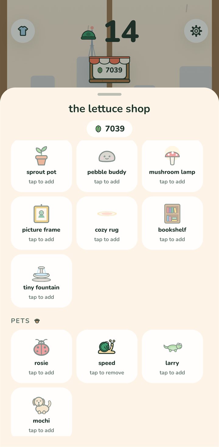 the lettuce shop sheet: decor like a sprout pot, pebble buddy, mushroom lamp and tiny fountain, plus named pets — rosie the ladybug, speed the snail, larry the lizard, and mochi the puppy